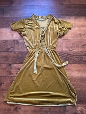 Velvet Tie-Front Midi Dress in Mustard Gold